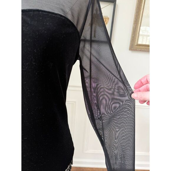Xscape Illusion Neck Long Sleeve Black Velvet Top Beaded Fringe M - Picture 6 of 9